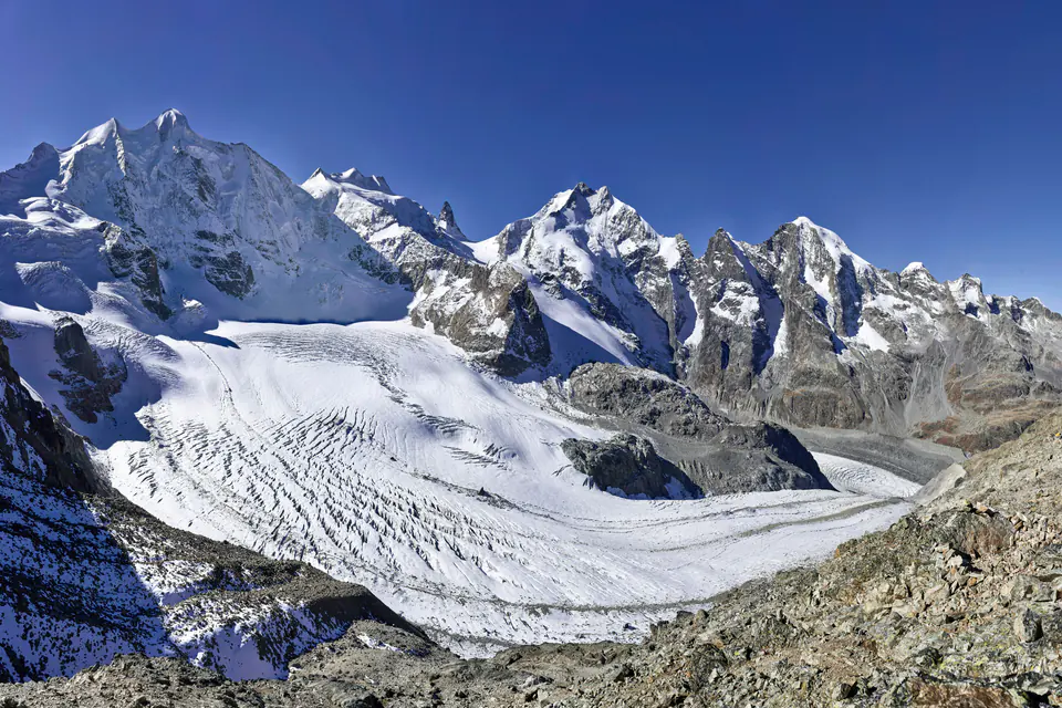Piz Bernina and the Pers Glacier, seen from Diavolezza in the Engadin