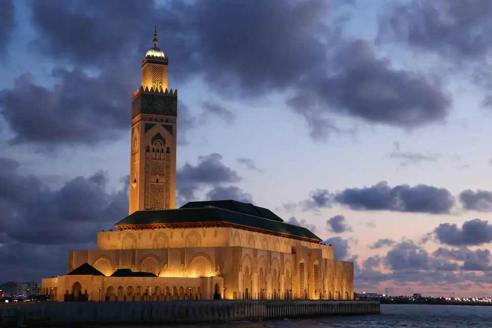 The Hassan II Mosque in Casablanca at dusk