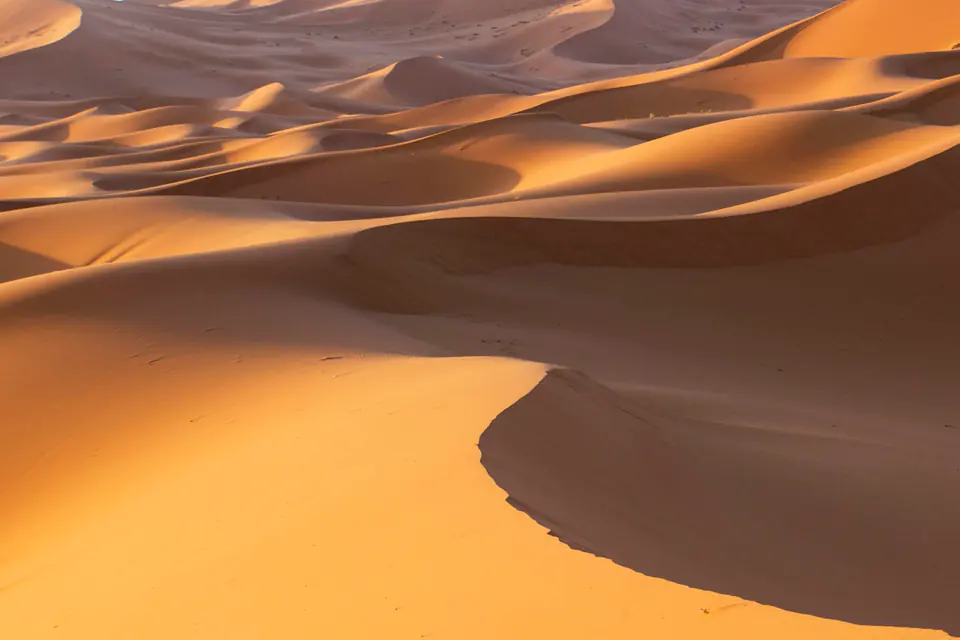 Golden dunes at Merzouga in deep evening shadow