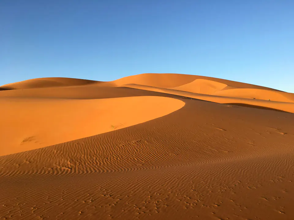 A curving ridge of orange sand under a clear sky at Erg Chebbi, Merzouga