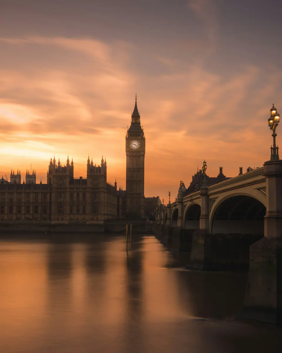 The Houses of Parliament and Big Ben across the Thames at sunset