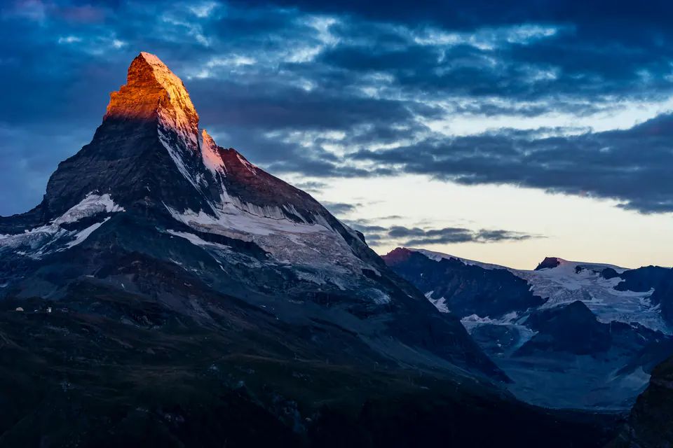 The Matterhorn lit at dawn, seen from Sunnegga above Zermatt