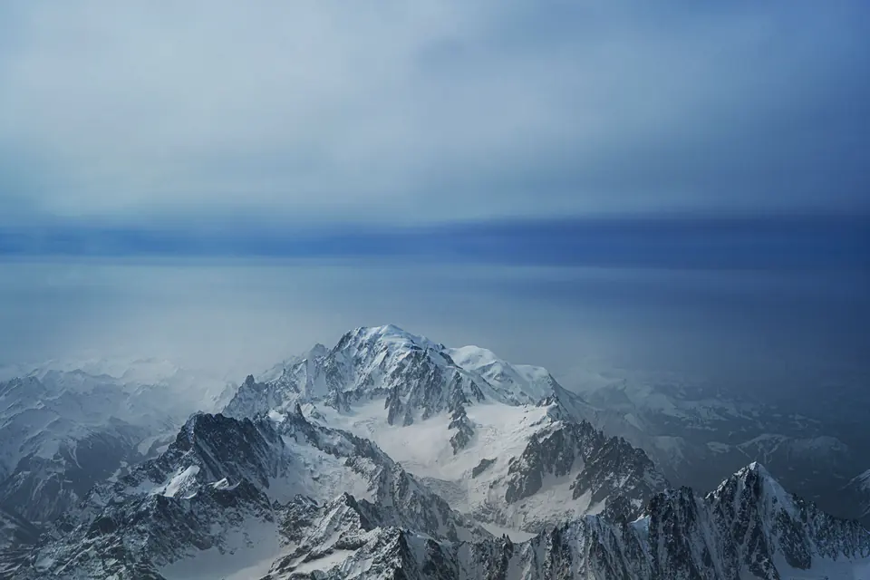 The Mont Blanc massif under snow, seen from the air
