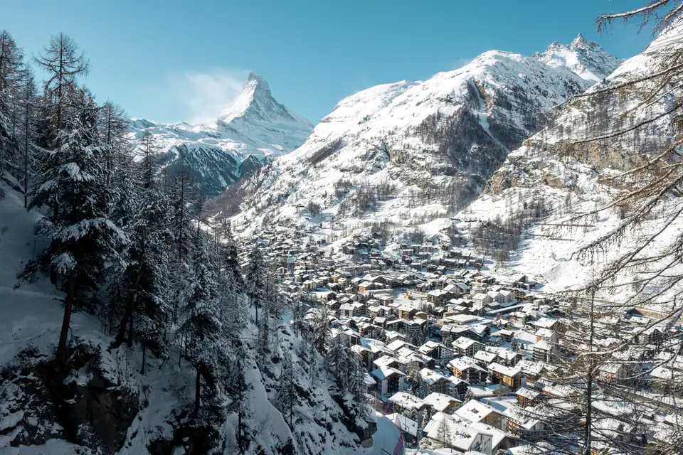 The Matterhorn above the snow-covered village of Zermatt