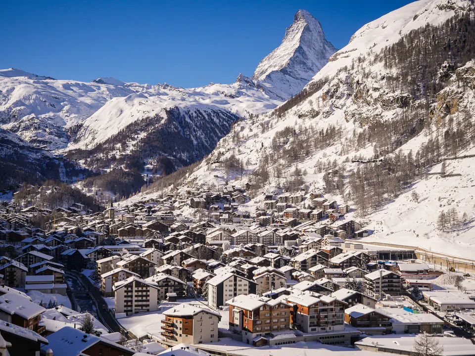 Zermatt in winter, the Matterhorn above the village