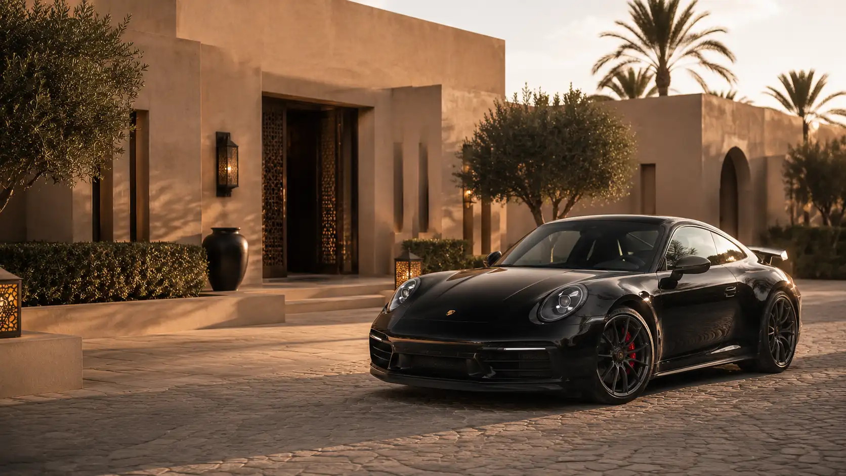 Porsche luxury car at night for Accrocar reservation in Marrakech